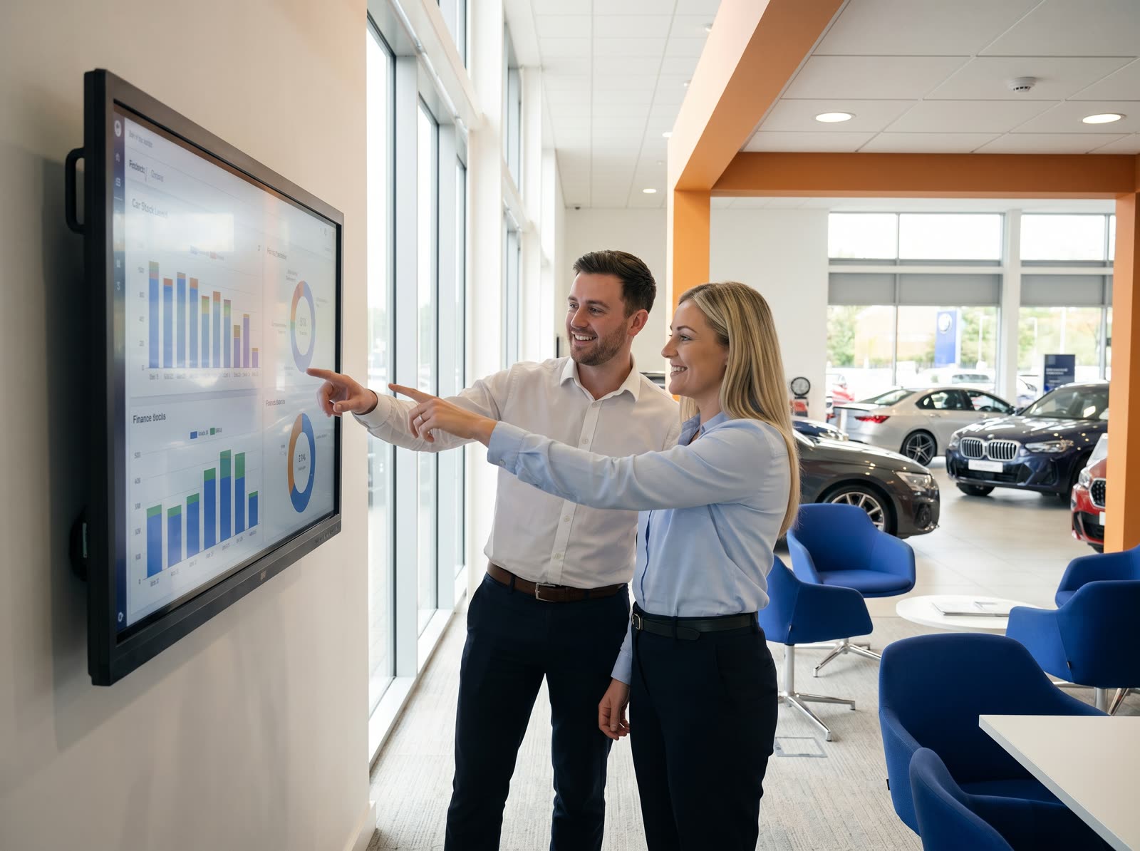 A dealership team around a screen showing stock and finance information