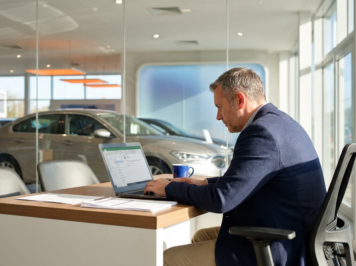A dealership sales manager reviewing online enquiries on a laptop at a desk