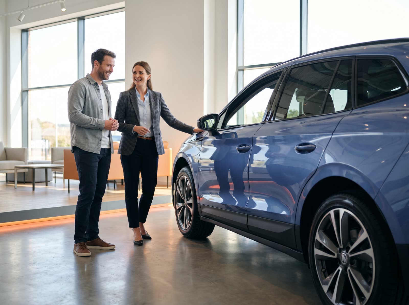 A car dealership salesperson talking with a customer beside a car on the showroom floor