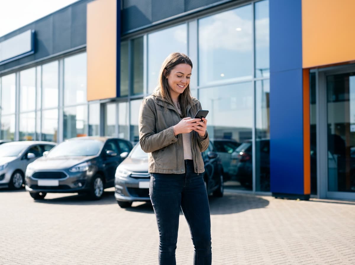 A young car buyer messaging a dealership on a phone outside a showroom